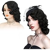 Siudus 1920s Wigs for Women Black Long Finger Wave Wig Shoulder Length Curly Vintage Hair Wig for Lady Cosplay Costume Party Use