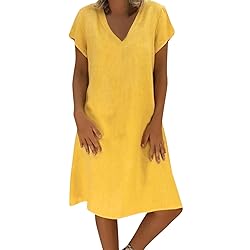 Women's Summer Cotton Linen Dress Loose V-Neck