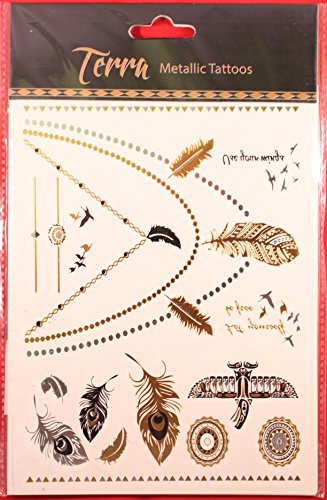 Terra Tattoos Metallic Temporary Tattoos - Over 75 Boho Gypsy Fake Tattoos in Gold and Silver (6 Sheets), Serenity Collection