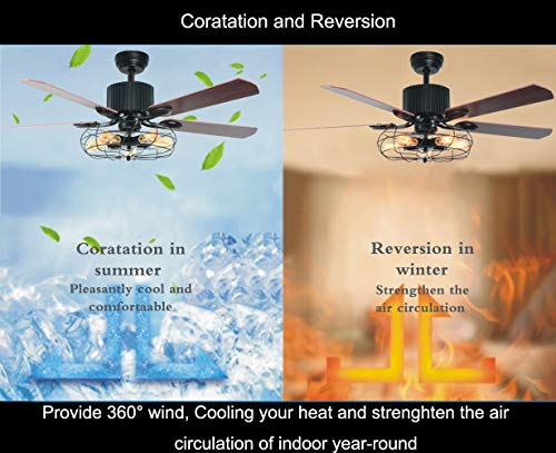 52 Inch Retro Industrial Ceiling Fan With Light 5 Wood Reversible