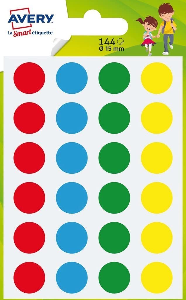 Avery Packet of 144 Round Stickers – ø15 mm – 4 Colours (Green, Red, Yellow, Blue) PASMX15 (Assorted Colours)