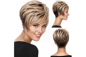 RENERSHOW Short Wigs for White Women Layered Brown Ombre Blonde Pixie Wig Synthetic Short Hair Wig with Bangs Mix Color Natural Looking Daily Party