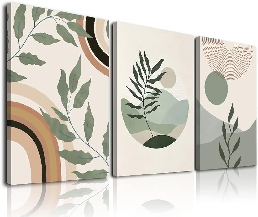 Posters & Prints - Sage Green Boho Wall Art Set of 3, Boho Room Decor, Mid-Century Modern Wall Art Prints, Framed Neutral Geometric Canvas Prints Green Wall Art Sun Rainbow Leaf Mountain Minimalist Artwork 12
