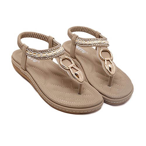 DolphinGirl Bohemian Summer Vacation Flat Thong Sandals, Nude Open Toe Glitter Rhinestone Shiny Golden Metal Shoes for Dressy Casual Jeans Daily Wear and Beach Vacation