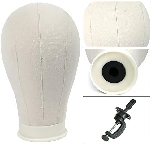 22"+Clamp Professional Mannequin Canvas Cork Block Head Wig Toupee Display Style Dry Dye With Mount Hole Canvas Block Head Mannequin Head Wig (Canvas head+Table Clamp Stand,Medium)