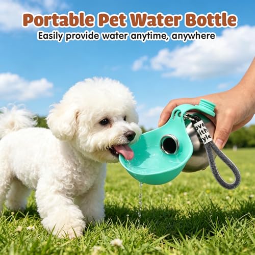 LTFIOON Portable Dog Drinker, 285ml Stainless Steel Dog Water Bottle, Anti-Leak Bottle with Foldable Silicone Bowl, Portable Water Bottle for Walking, Traveling and Camping