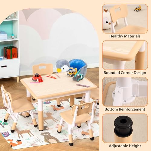 Garvee Kids Table and 4 Chairs Set, 5-Piece Height Adjustable Toddler Table with Graffiti Wipe-Clean Desktop, Non-Slip Legs & Storage Organizer, Preschool Activity Desk for Ages 2-6