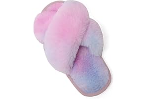 LightFun Girl's Fuzzy Fluffy Furry Slippers Fur Flip Flop Open Toe Slippers Cross Band Shoes Slides for Girls House Home Indoor Outdoor