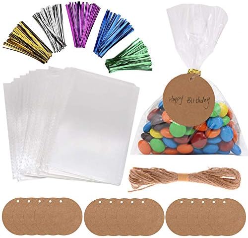 200 Clear Cellophane Treat Bags Flat OPP Plastic Cello Bags 5'' x 7'' with 4" Twist Ties and Blank Greeting Cards for Gift Wrapping Packaging Bakery Cookies Candies Dessert Storage