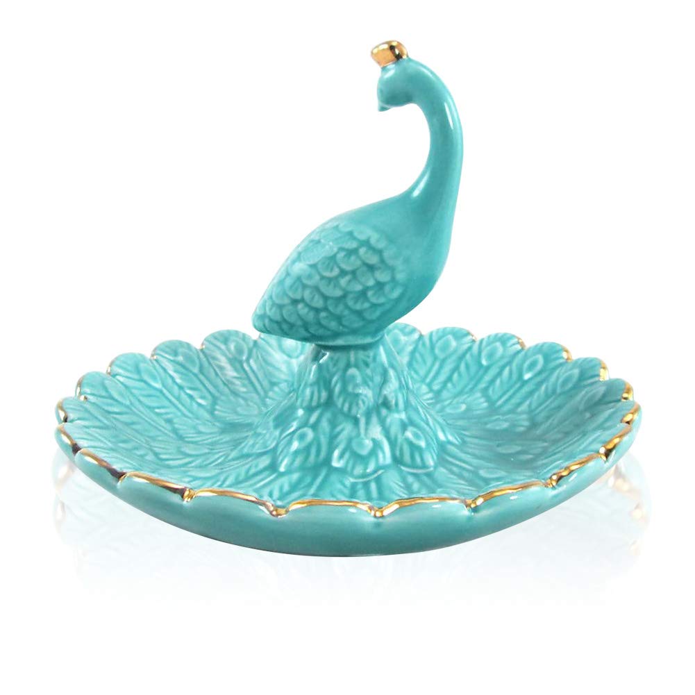 LEPENDOR Peacock Ceramic Jewelry Tray Ring Holder Trinket Dish Necklace Earrings Rings Jewelry Organizer Display Jewelry Trinket Holder Home Decoration - Blue Peacock