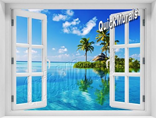 Peel and Stick 48inch W x 36inch H 3D Instant Window Wall Mural PRINTED ON SELF ADHESIVE CANVAS! Removeable &amp; Re-usable! (Island Oasis Window)