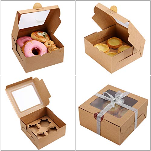 25 Packs Kraft Paper Cupcake Boxes with Display Window and Inserts Hold 4 Standard Cupcakes, 6.3