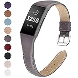 NANW Bands Compatible with Fitbit Charge 3, Slim Genuine Leather Wristband Replacement Accessories Strap for Women Men Compatible with Fitbit Charge 3 / Charge 3 SE Small Large