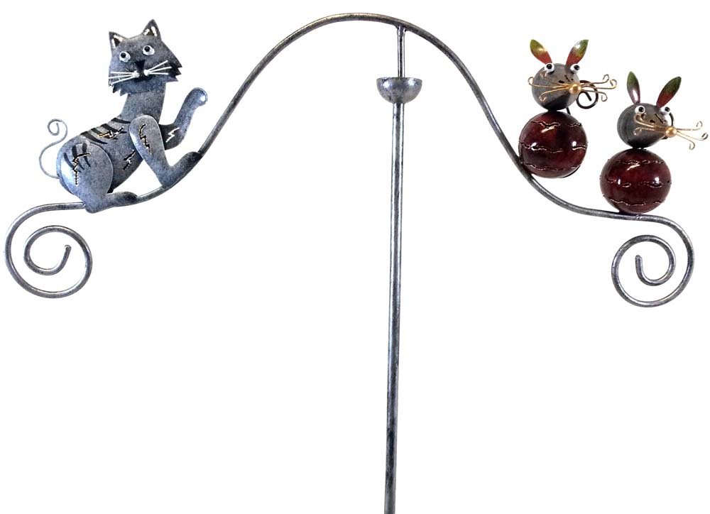 Metal Garden Wind Spinner, Balance Stake - Pouncing Cat And Mice
