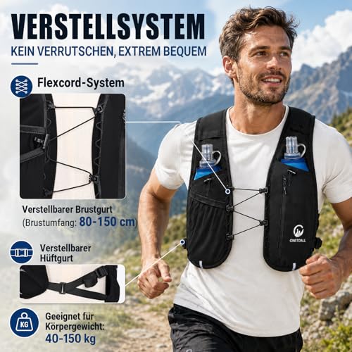 ONETOALL Running Vest for Men and Women with Two 500 ml Water Bottles, Adjustable Running Vest with Running Light for Better Visibility, Breathable Running Backpack, Hydration Backpack for Running