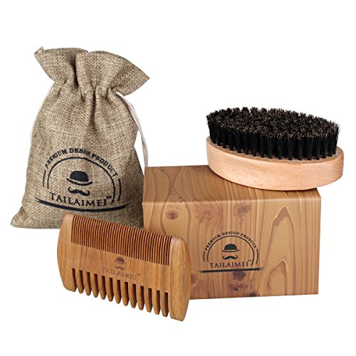 Beard Brush & Beard Comb Kit -TailaiMei 100% Natural Boar Bristle and Handmade Beard Comb Set for Stylish Men- Great for Facial Hair Care and Grooming Beards & Mustache - Gift Box, Travel Bag Included