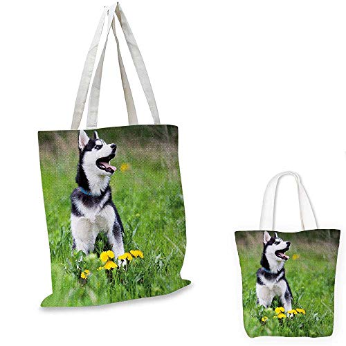 Alaskan Malamute canvas messenger bag Little Puppy Playing on Green Grass Spring Meadow Natural Life Outdoors canvas beach bag Multicolor. 12"x15"-10"