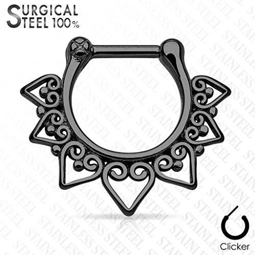 100% Surgical Steel Tribal Fan Septum Clicker Ring 16g - Choose Steel, Gold Tone, Black, or Rainbow (Black)