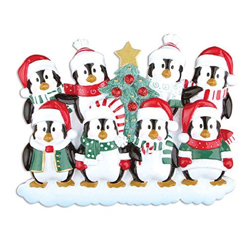 Winter Penguin Family of 8 Personalized Christmas Tree Ornament