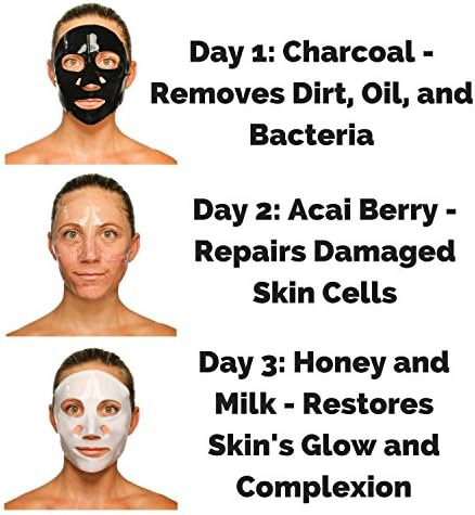 3 Day Skin Detox Premium Face Mask Set - Detoxify Your Skin in 3 Days - Anti Aging At Home Spa Treatment - Includes Charcoal Mask, Acai Berry Mask, Honey and Milk Mask