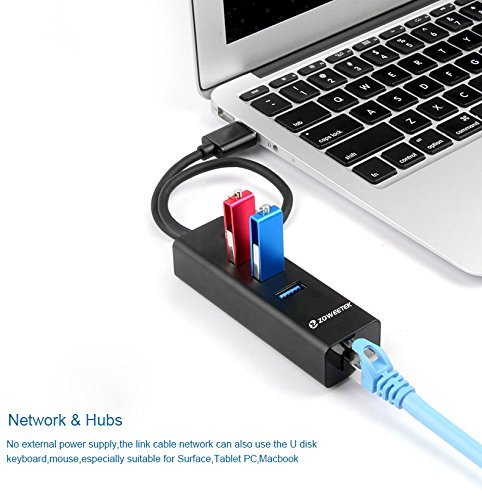 Zoweetek® Hub USB 3.0 de 3 puertos + 1 puerto Ethernet RJ45 Gigabit | Hasta 5Gb/s Para PC y MAC Portátil o tablet | Sin controladores | aluminio