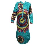 Womens Tunic Caftan Green Printed Hippie Button Front Bohemian Dresses