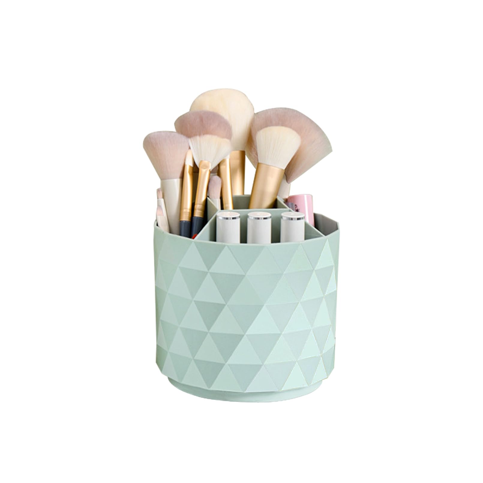 Nwvuop 360° Rotating Makeup Brush Organiser, 12× 12× 14cm Makeup Brush Holder with 5 Compartments Make up Organiser for Lipstick, Eyeliner, Pen(Green)