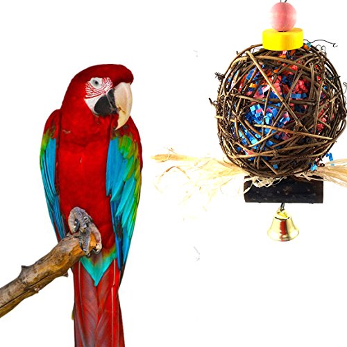 QIBOX Parrot Chewing Toy for Small Medium Birds, Natural Hand-Made Chewing Hanging Toy, Rattan Ball Cage Toy Preening Toy for Bird Parrot African Budgie Macaw Parakeet Cockatiel Lovebird Cage Toy