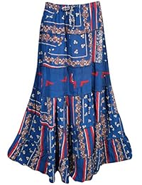 Mogul Womens Maxi Skirt Cotton Printed Tiered A-Line Bohemian Flirty Festive Skirts