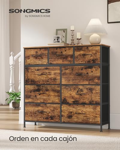 SONGMICS Cómoda, con 9 Cajones, Mueble de Almacenaje, Tela no Tejida, para Dormitorio, Recibidor y Salón, Marrón Rústico y Negro Tinta MLGS324BH04
