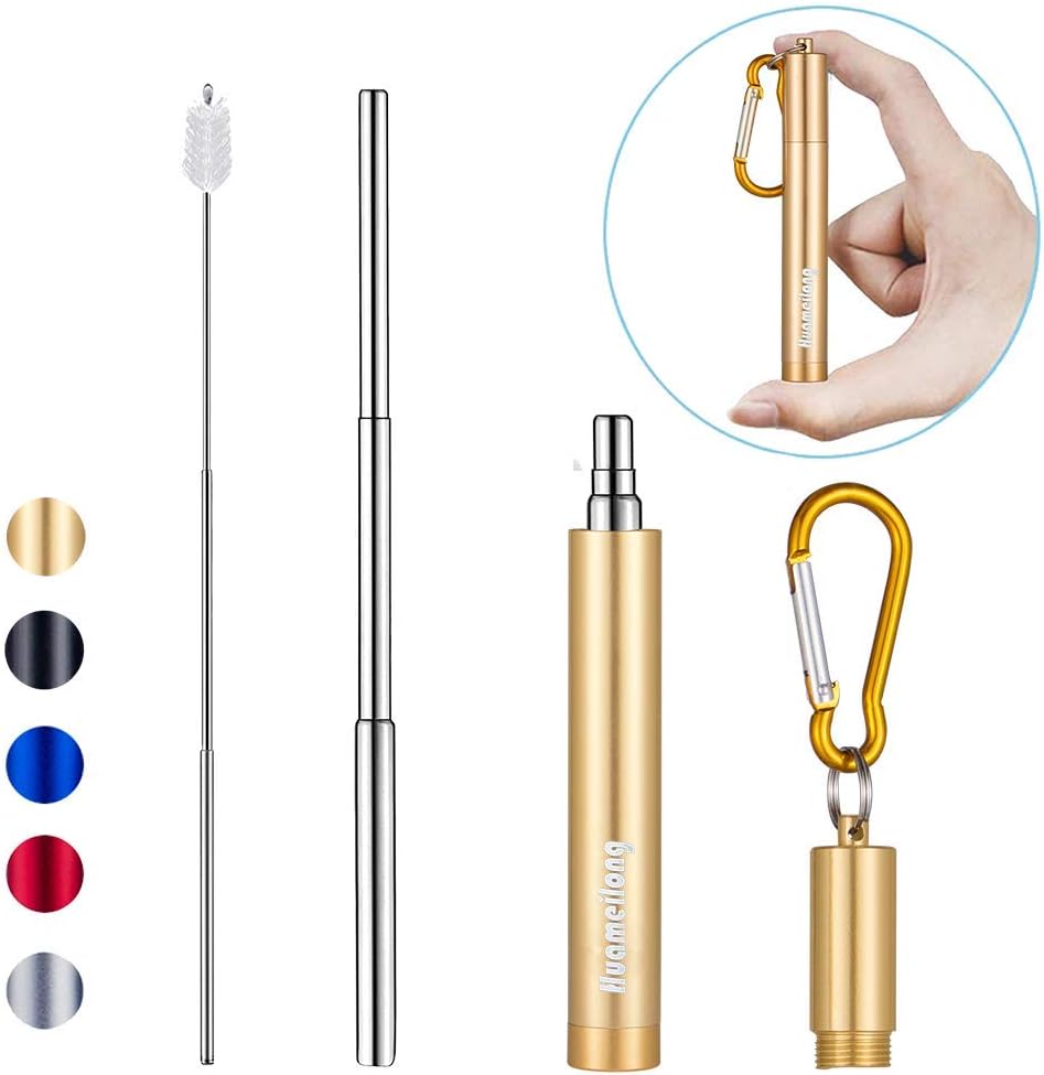 [Updated] Portable Collapsible Reusable Straws -Telescopic Stainless Steel Metal Drinking Straw with Case, Cleaning Brush and Keychain, by Huameilong,Gold