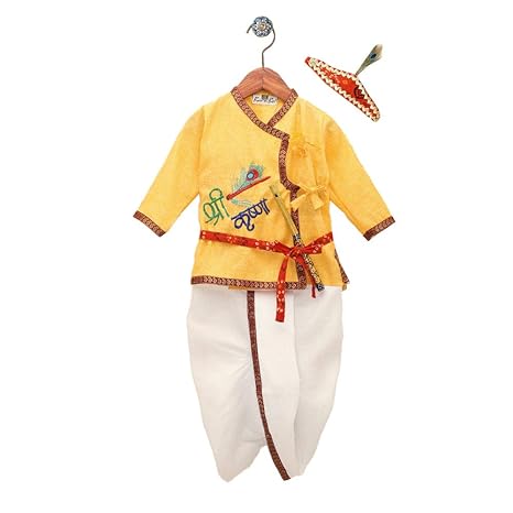 BownBee By Hopscotch Boys Cotton Slub Full Sleeve Kanhaiya Suit in Yellow Color