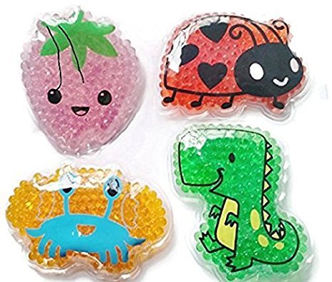 Kids / Child Reusable Animal Shaped Refrigerator Cold Gel Beads Packs Set Of 4 (Dinosaur, Ladybug, Crab, Strawberry) 3+yrs (4 items)