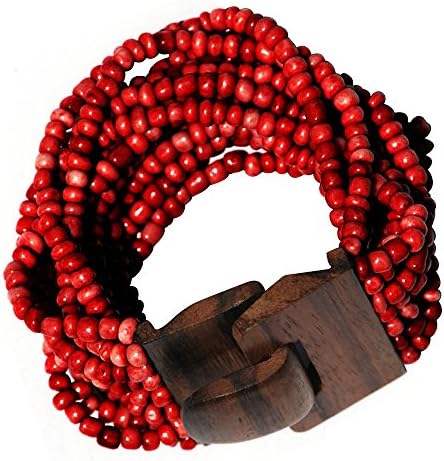 ️ Maroon 14 Strand Elastic Stretchy Glass Beaded Bracelet With Wooden Buckle Clasp – 2” Wide