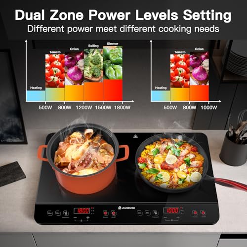 Aobosi Double Induction hob,Induction Cooker with Portable Black Glass Plate, Independent Control,One-click Max and Min Power Control 2800W,20 Temperature Setting[Upgrade],Safety Lock,4-Hour Timer