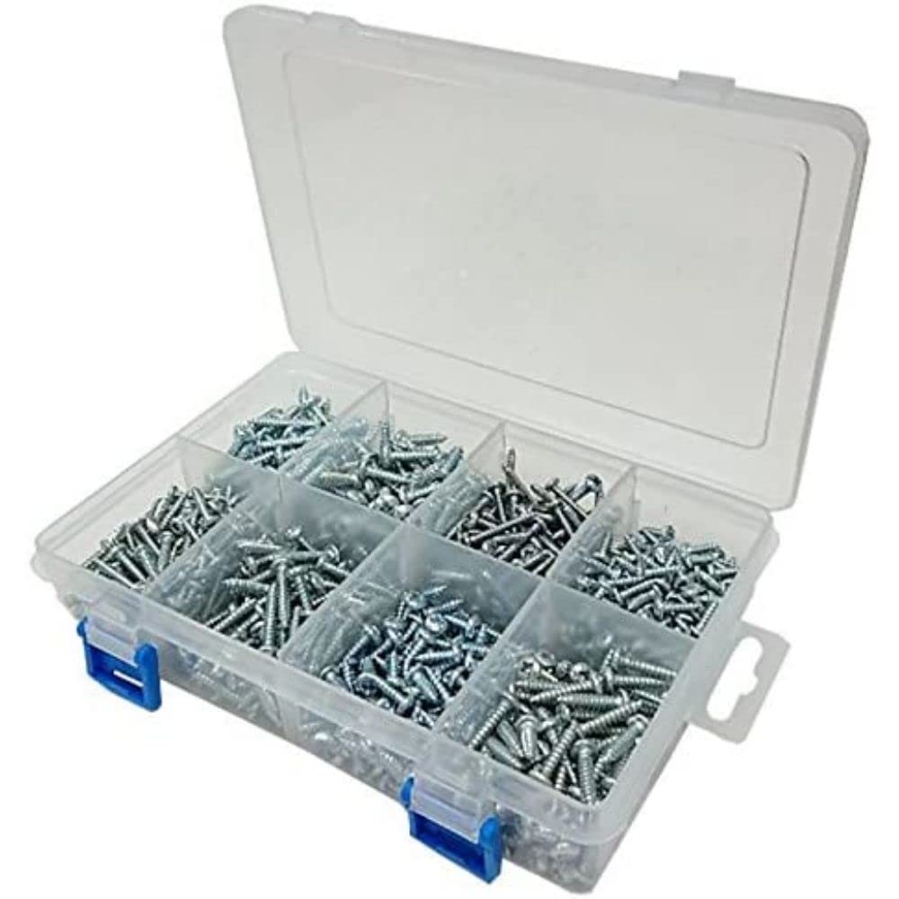 Merriway BH06604 (750 Pcs) Assortment of BZP Pozi Pan Head Self Tapping Screws in a 8 Compartment Carry Case - Pack of 750 Pieces