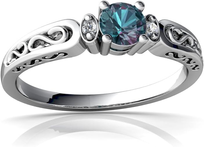 14kt Gold Lab Alexandrite and Diamond 4mm Round filligree Scroll Ring