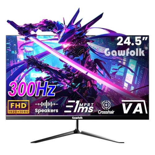 Gawfolk Gaming Monitor 24,5 Zoll 300Hz mit Lautsprecher, Gebogen PC Bildschirm FHD 1080P, Computerbildschirm mit Eye Care Technologie HDMI VGA, unters