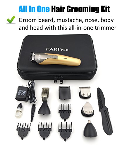FARI All In One Multifunctional Rechargeable Electric Hair Trimmer Grooming Kit Nose Ear Beard Clipper and Mustache Trimmers Shaver Suit Hair Cutter for Barbers Salon with EVA Case (Gold)