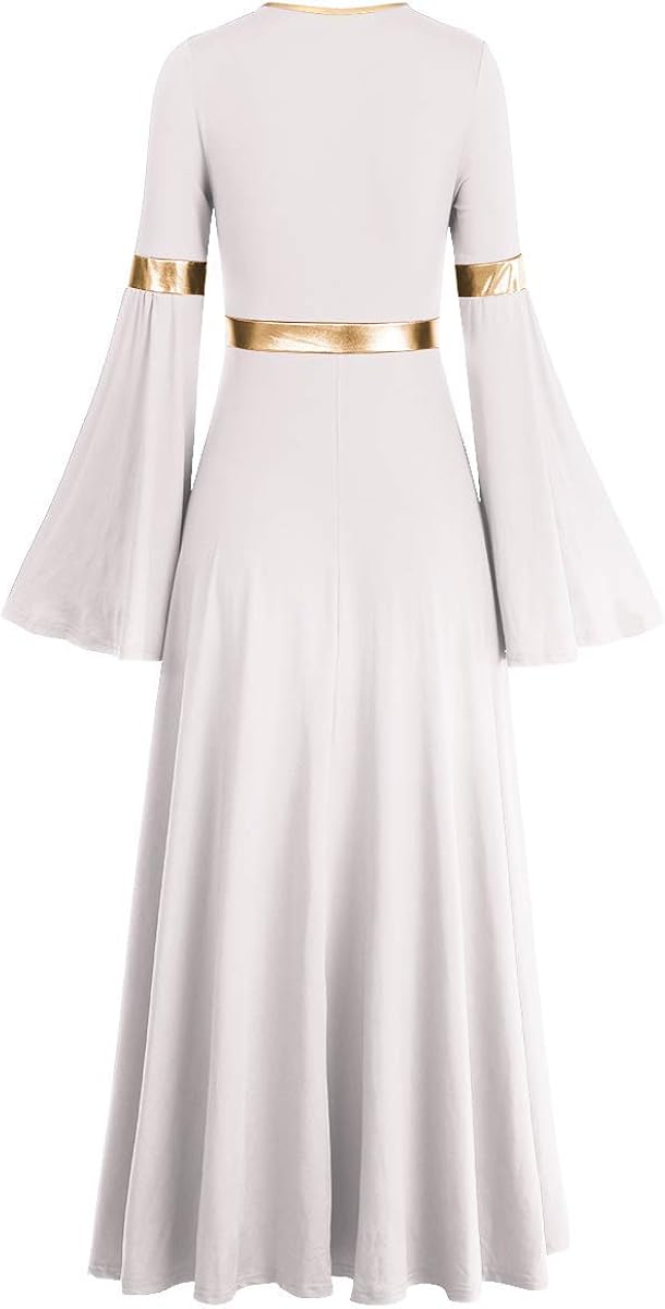 Women Metallic V Neck Praise Dance Dress Liturgical Worship Costume Bi Color Bell Long Sleeve Church Robe Praisewear: Clothing