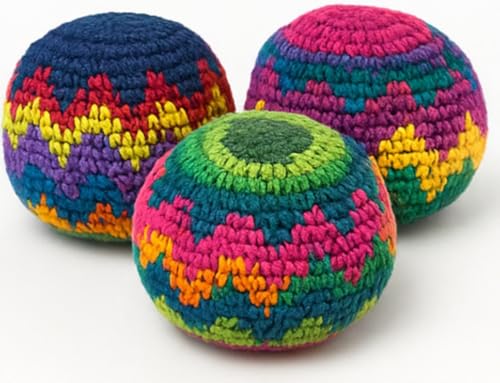 Funny Guy Mugs Multicolored Crochet Assorted Geometric Pattern Hacky Ball, Foot Bag Kick Sack, Indoor and Outdoor Toys for Kids and Adults, Set of 3