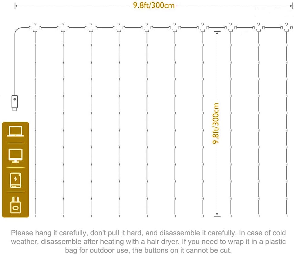 Curtain Fairy String Lights, USB Operated 3mX3m 300 LEDs Curtain Lights with Remote Control and Timer - Image 3