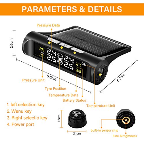 Zmoon TPMS Car Tire Pressure Monitoring System Solar Power Universal Wireless LCD Display with 4 External Sensors Real-time Display 4 Tires' Pressure & Temperature - Thumbnail 2