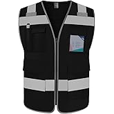 TCCFCCT Reflective Safety Vest 5 Pockets High Visibility Safety Vest for Men Women, Work Vest with Horizontal Strip for Walkie-talkie, Durable and Fashion, Meets ANSI/ISEA Standards, Black, L