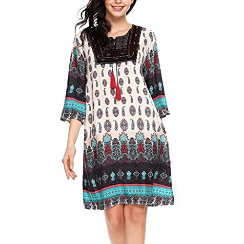 Women Dress,IEason Hot Sale! Women Floral Embroidery V-Neck Vintage Loose Knee Length Casual Dress (L, Black)