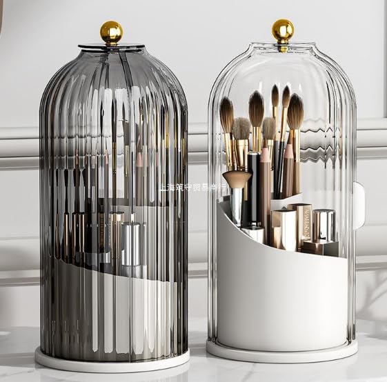 Vellichor Europe 360° Spinning Rotating Makeup Brush Holder with Dustproof Lid - Organize and Accessorize Your Vanity with Efficiency and Elegance (White) - Storage Organizer