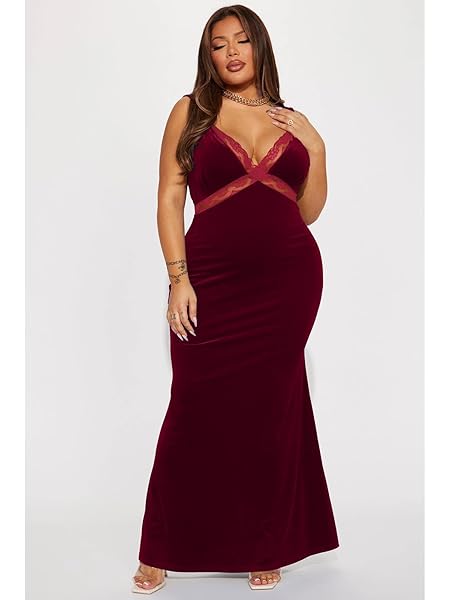 EKALIY WOMEN’S LACE TRIM V NECK VELVET DRESS ELEGANT MERMAID BODYCON COCKTAIL PARTY MAXI DRESS RED L