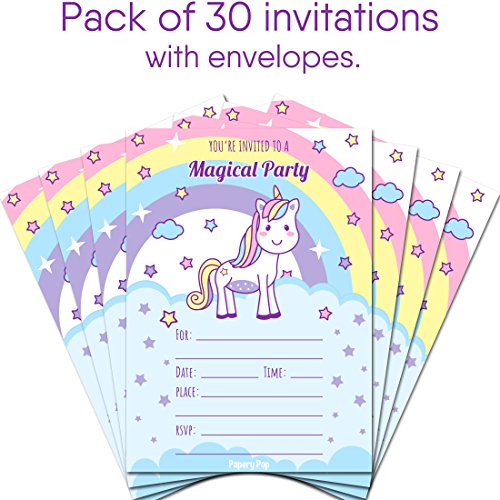 30 Unicorn Birthday Invitations with Envelopes (30 Pack) - Kids Magical Birthday Party Invitations for Girls