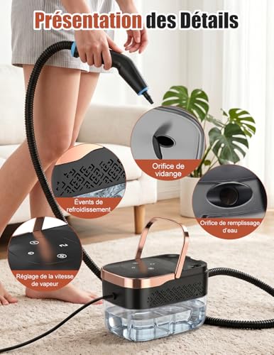 Steam Cleaner, 2500 W Multi-Purpose Manual Steam Cleaner with 6 Adjustable Speeds and 8 Types of Nozzles, 1250ML Portable High Pressure Steam Cleaner for Home and Car