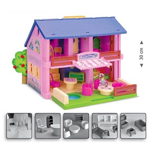 Wader 25400 Play House Puppenhaus Spielset, Zweistöckig, Tragegriff, 14 Zubehörteile, Breite 37cm, Hohe 30cm, ab 3 Jahren, Multicolour, 37cm x 30cm – Bild 3
